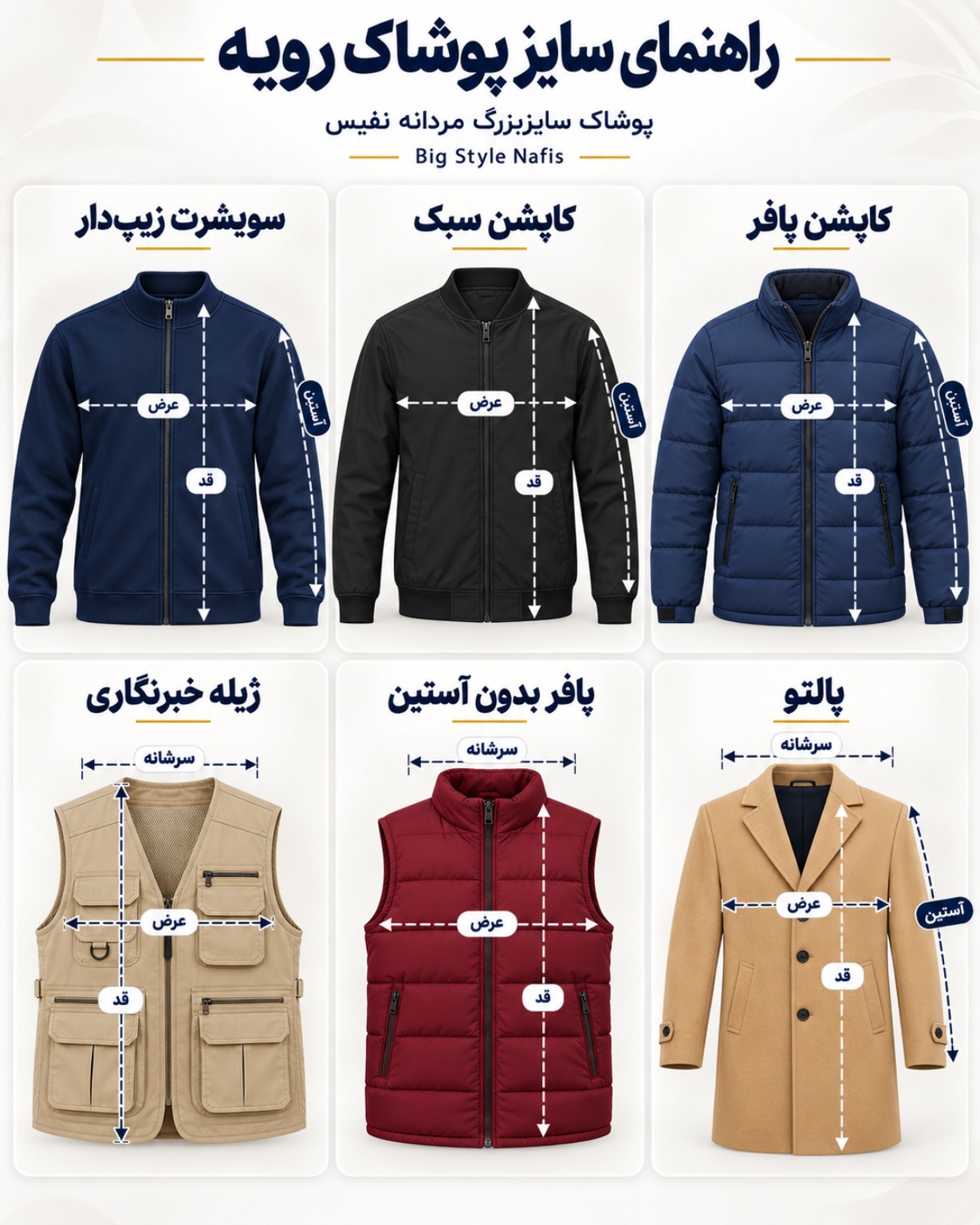 راهنمای اندازه‌گیری پوشاک رویه؛ سویشرت، کاپشن، پالتو، پافر و ژیله خبرنگاری